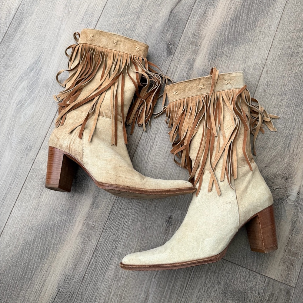 Carlos Falchi Beige Fringe Heeled Boots